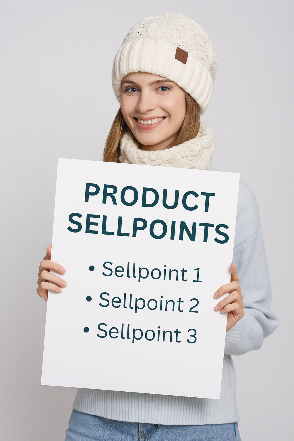 Woman wearing Glorious™ Winter Glow Duo knit hat and scarf holding product sell points sign