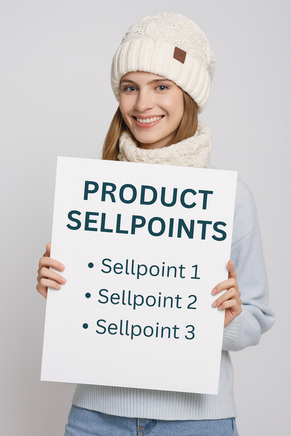 Woman wearing Glorious™ Winter Glow Duo knit hat and scarf holding product sell points sign