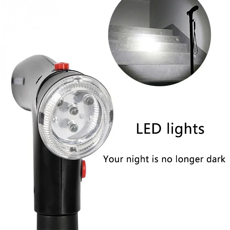 Folding LED walking stick with built-in LED lights for nighttime visibility.