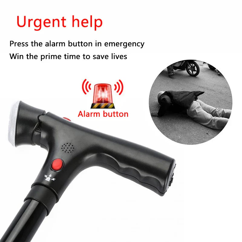 Glorious™ Folding LED Walking Stick with alarm button for emergency assistance.