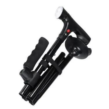 Folding LED walking stick with ergonomic handle and anti-slip base.