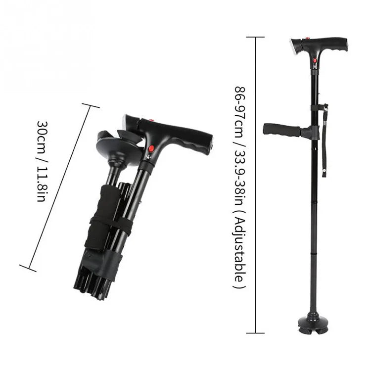 Glorious Folding LED Walking Stick, adjustable height, anti-slip base, portable, foldable design.