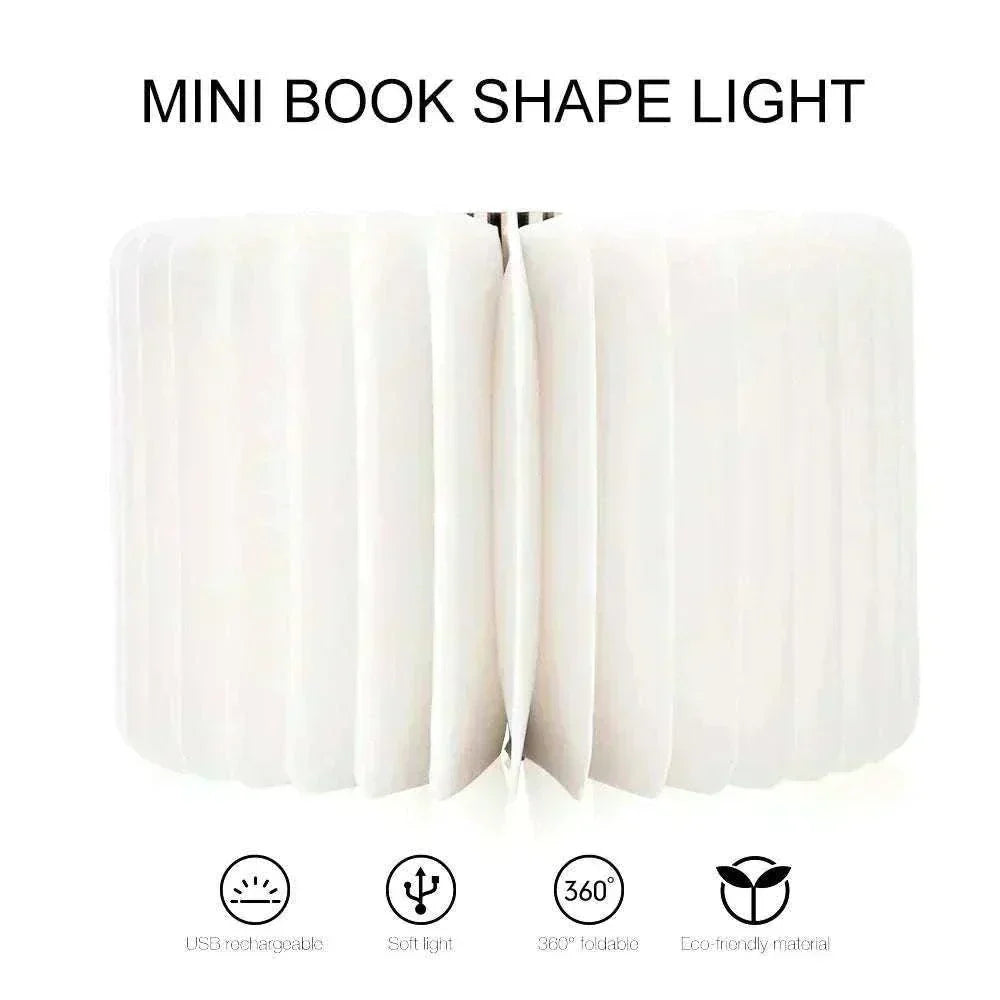 Mini book-shaped LED lamp with USB rechargeability, soft light, 360-degree foldability, and eco-friendly material.