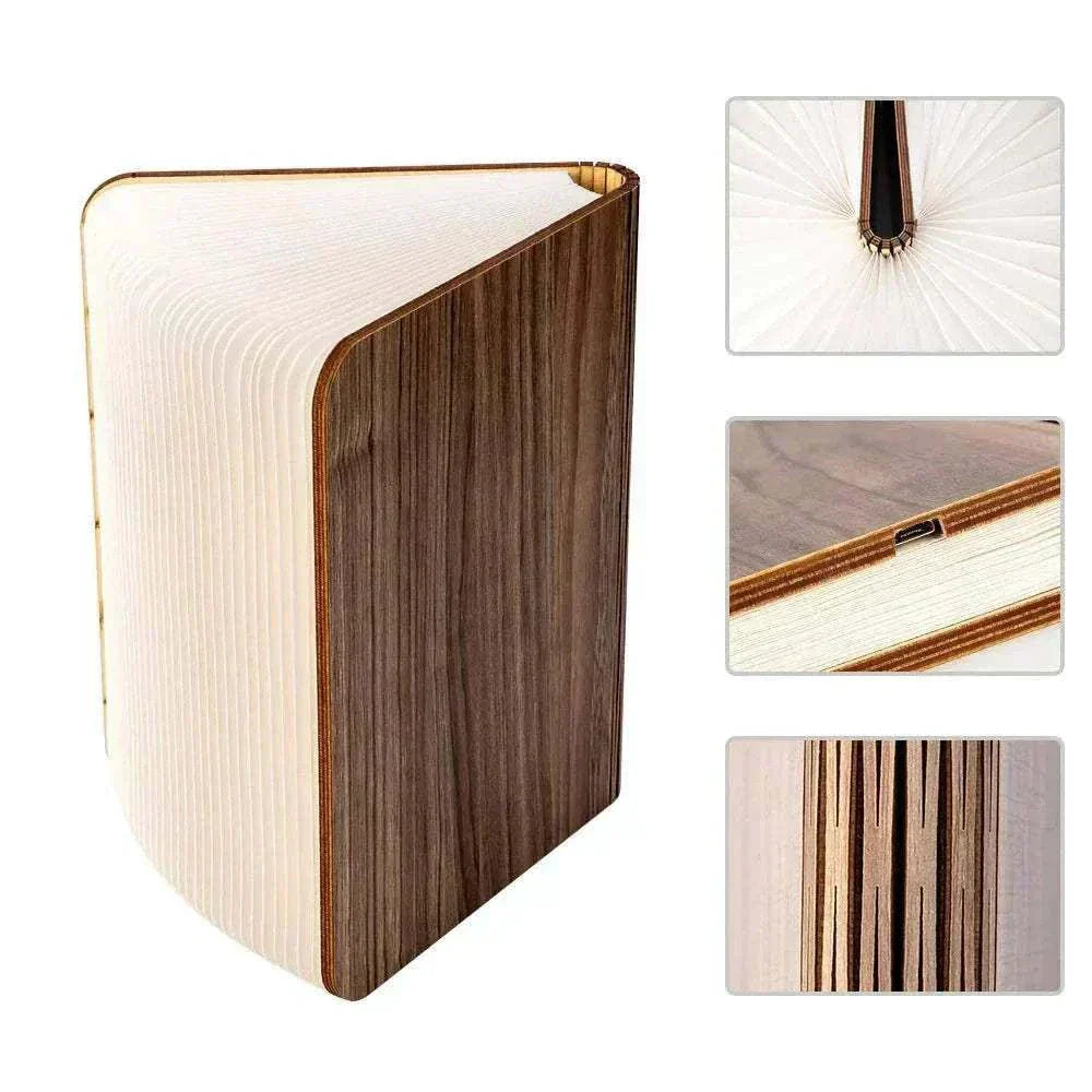 LED Wooden Book Lamp with foldable design, warm lighting, eco-friendly and rechargeable, perfect decor piece.