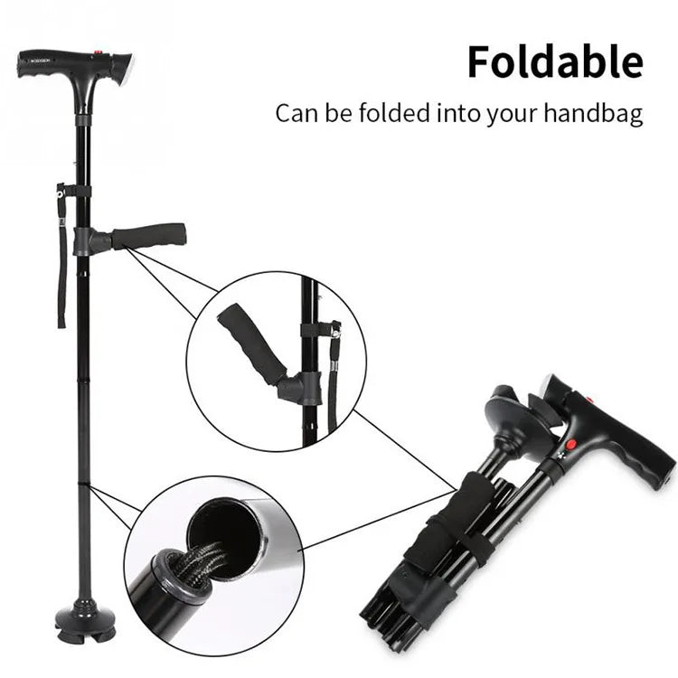 Foldable Glorious™ Folding LED Walking Stick with adjustable height and anti-slip base.