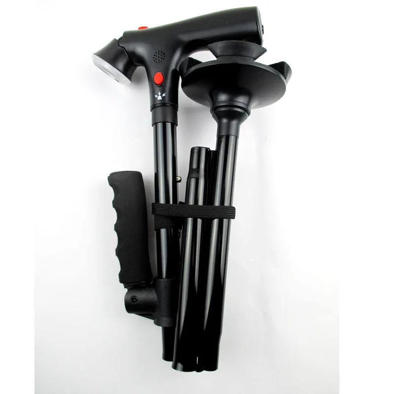 Folding LED walking stick with adjustable height and anti-slip base.