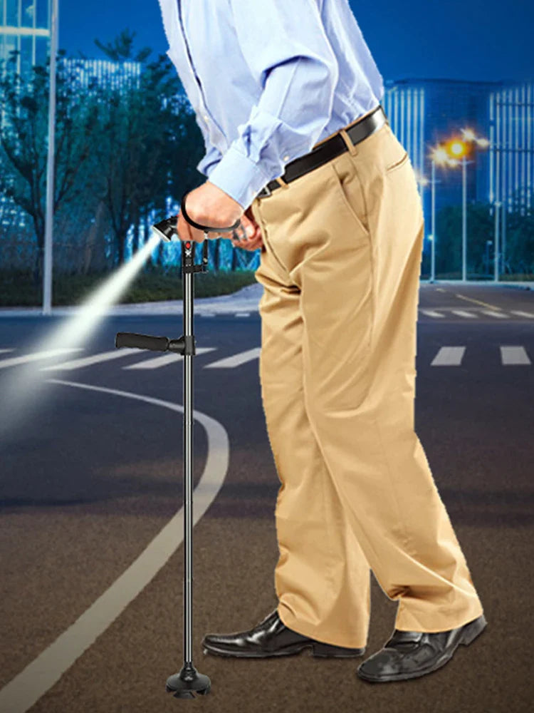 Man using Glorious™ Folding LED Walking Stick with bright light in low-light setting, enhancing mobility and safety.