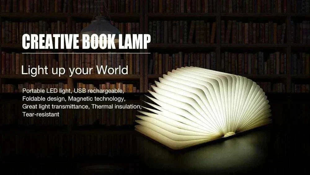 LED Wooden Book Lamp with foldable design, warm lighting, eco-friendly and rechargeable, perfect decor piece.