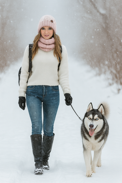 Woman walking dog in snowy winter wearing Glorious™ Winter Glow Duo pink hat and scarf set